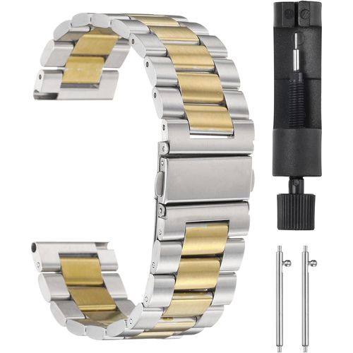 Kal-Bracelets De Montre En Acier Inoxydable 22mm Avec Fermoir Papillon À Dégagement Rapide, Chaîne En Acier Solide, Adaptateur Inclus, Convient Aux Montres Intelligentes, Argent Et Or