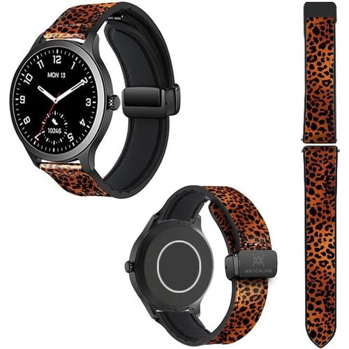 Kal-Bracelet Montre 18 Mm En Silicone Et Cuir Véritable : Leopard