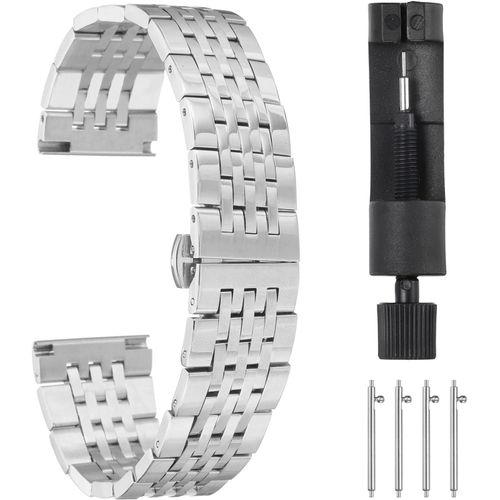 Kal-Bracelets De Montre En Acier Inoxydable 21mm Double Pression Fermoir Papillon En Métal, Chaîne En Acier Massif, Bracelet De Rechange Avec Extrémités Incurvées, Ton Argenté