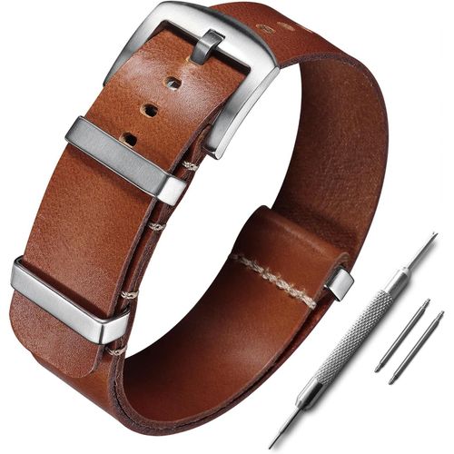 Kal-Bracelets De Montres Cuir Militaire 20 Mm Rétro Bracelet En Cuir Marron Pour Hommes, Bracelet