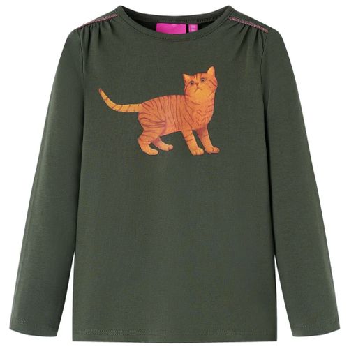 T-Shirt Enfants À Manches Longues Imprimé Chat Kaki 140