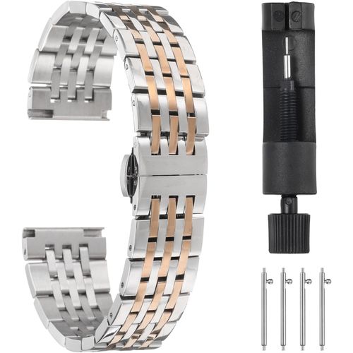 Kal-Bracelets De Montre En Acier Inoxydable 19mm Double Pression Fermoir Papillon En Métal, Chaîne En Acier Massif, Bracelet De Rechange Avec Extrémités Incurvées, Rose D'argent