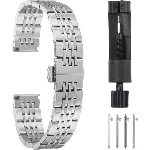 Kal-Bracelets De Montre En Acier Inoxydable 12mm Double Pression Fermoir Papillon En Métal, Chaîne En Acier Massif, Bracelet De Rechange Avec Extrémités Incurvées, Ton Argenté