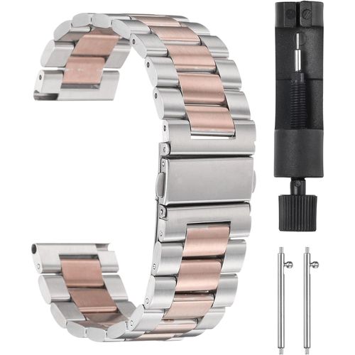 Kal-Bracelets De Montre En Acier Inoxydable 22mm Avec Fermoir Papillon, Chaîne En Acier Solide Avec Adaptateur Pour Montre Intelligente Pour Hommes Et Femmes, Argent Rose