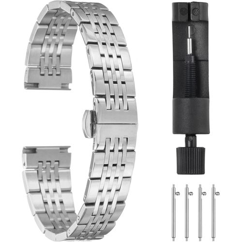 Kal-Bracelets De Montre En Acier Inoxydable 14mm Double Pression Fermoir Papillon En Métal, Chaîne En Acier Massif, Bracelet De Rechange Avec Extrémités Incurvées, Ton Argenté