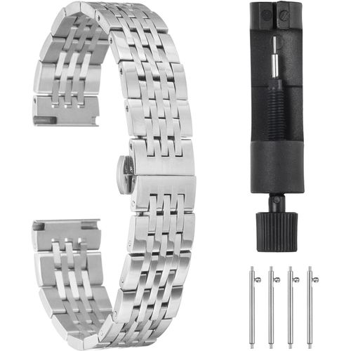 Kal-Bracelets De Montre En Acier Inoxydable 16mm Double Pression Fermoir Papillon En Métal, Chaîne En Acier Massif, Bracelet De Rechange Avec Extrémités Incurvées, Ton Argenté