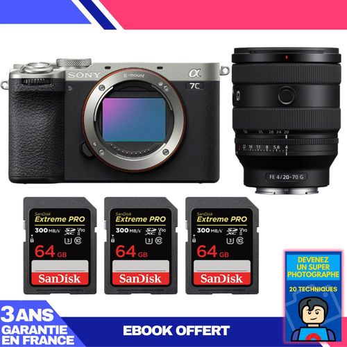 Boitier Sony A7C II Silver + FE 20-70mm f/4 G + 3 SanDisk 64GB Extreme PRO UHS-II SDXC 300 MB/s + Ebook 'Devenez Un Super Photographe'
