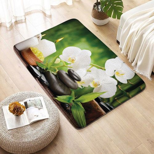 Tapis de bain Zen en pierre noire,orchidées d'eau,feuilles de fleurs,décoration de salle de bain,Spa,tapis d'entrée antidérapant,tapis de sol,décoration de mais - Type 2040XJ-DD-40x60cm-15.7x23.6in