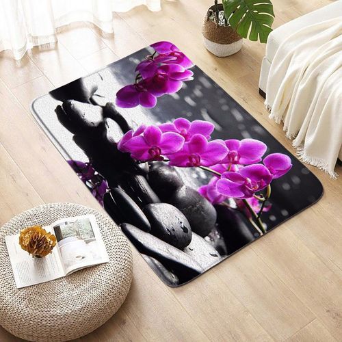 Tapis de bain Zen en pierre noire,orchidées d'eau,feuilles de fleurs,décoration de salle de bain,Spa,tapis d'entrée antidérapant,tapis de sol,décoration de mais - Type 2103XJ-DD-50x80cm-19.7x31.5in