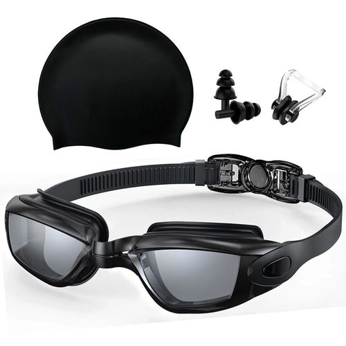 Ensembles De Lunettes De Natation Et Bonnets De Bain En Silicone Avec Bouchons D'oreilles À Pince-Nez,Lunettes De Sécurité Imperméables Sans Fuite,Anti-Buée,Protection Uv - Type Dark Black