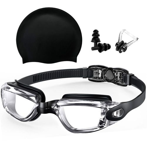 Ensembles De Lunettes De Natation Et Bonnets De Bain En Silicone Avec Bouchons D'oreilles À Pince-Nez,Lunettes De Sécurité Imperméables Sans Fuite,Anti-Buée,Protection Uv - Type Black Clear