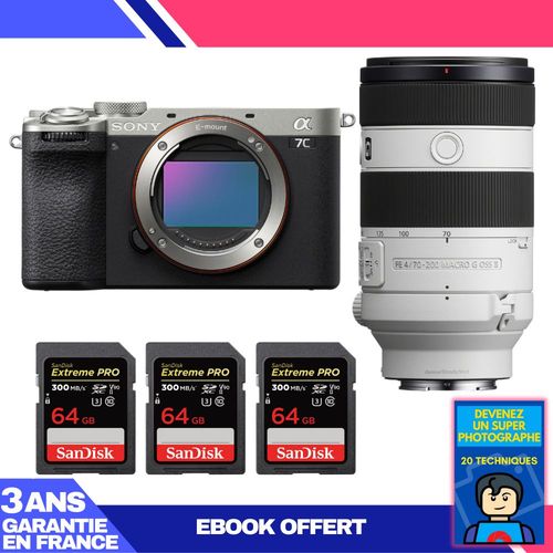 Boitier Sony A7C II Silver + FE 70-200mm f/4 Macro G OSS II + 3 SanDisk 64GB Extreme PRO UHS-II SDXC 300 MB/s + Ebook 'Devenez Un Super Photographe'