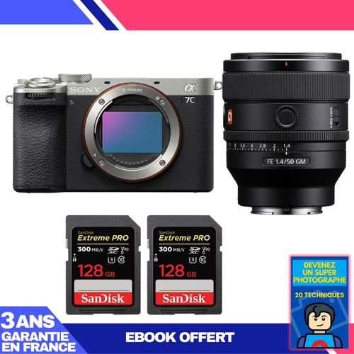 Boitier Sony A7C II Silver + FE 50mm f/1.4 GM + 2 SanDisk 128GB Extreme PRO UHS-II SDXC 300 MB/s + Ebook 'Devenez Un Super Photographe'