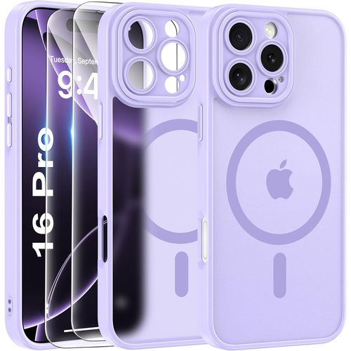 Magnétique Coque Pour Iphone 16 Pro Avec 2 Verre Trempé, Compatible Avec Magsafe, Protection D'objectif Tout Compris, Etui Mat Arrière Housse Fine Antichoc Case 16 Pro 6.3"", Violet Clair