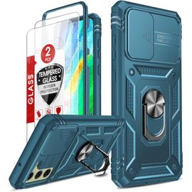 Coque Pour Samsung Galaxy S21 Fe (Pas S21/S20 Fe) Avec Anneau Support, 360 Full Protection De La Caméra En Pc Dur Anti-Chut Renforcée Armor Heavy Duty Antichoc Bumper Etui Pour S21 Fe Bleu