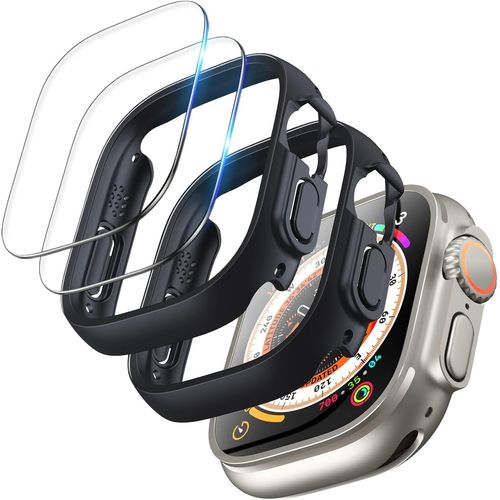 Coque Pour Apple Watch Ultra 2/Ultra 49mm, 2 Coque Avec 2 Protection Écran En Verre Trempé [Anti-Buée] Anti-Rayures 9h Hd Sans Bulles Pour Apple Watch Ultra/Ultra 2 49mm - Noir/Noir