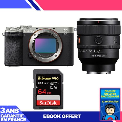 Boitier Sony A7C II Silver + FE 50mm f/1.4 GM + 1 SanDisk 64GB Extreme PRO UHS-II SDXC 300 MB/s + Ebook 'Devenez Un Super Photographe'