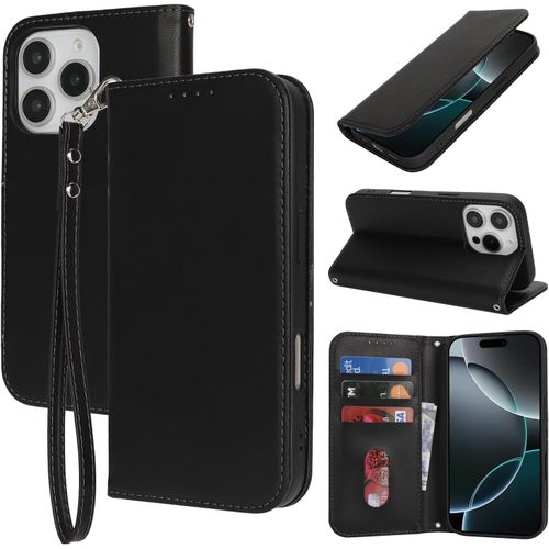 For Coque Iphone 16 Pro Avec Porte Carte Flip Coque Pour Iphone 16 Pro Avec Cordon Court Étui Portefeuille À Rabat - Noir