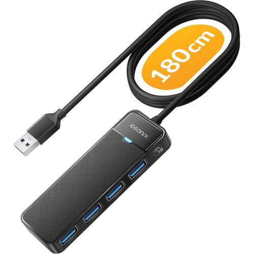 Hub USB 3.0 avec câble étendu de 180 cm de long, 4 ports USB 3.0 ultra fin, répartiteur multi-ports USB, adaptateur multiport USB pour ordinateur portable, PC, MacBook, clés USB