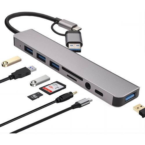 Hub USB C Double Interface, 8 en 1 Adaptateur Multiport Type C Interface USB C+USB A, avec USB 3.0, USB 2.0, SD/TF Lecteur de Cartes, Port PD 100W, Adapté pour MacBook Pro Air¿HP¿Dell