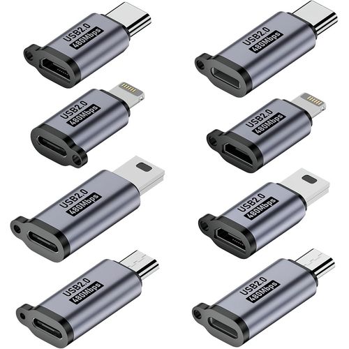 Pack de 8 Adaptateur Lightning vers USB C, Adaptateur USB C, Mini USB vers USB C Micro USB vers USB C Connecteur Femelle vers mâle USB Compatible avec Navi Jouet Smartphones Tablettes iPhone