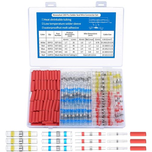 260 Pièces Cosse Thermoretractable, Connecteur Gaine Thermorétractable, Manchon Thermosoudable, Soudure Douille Connecteurs Cosses Bornes de Fils Electriques Isolées