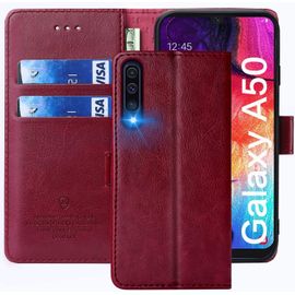 Coque Pour Samsung Galaxy A50, Étuis À Rabat Samsung Galaxy A50,Premium Pu Etui Housse En Cuir Portefeuille De Protection Magnétique Pour Samsung Galaxy A50,Rouge