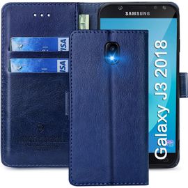 Coque Pour Samsung Galaxy J3 2018, Étuis À Rabat Samsung Galaxy J3 2018,Premium Pu Etui Housse En Cuir Portefeuille De Protection Magnétique Pour Samsung Galaxy J3 2018,Bleu