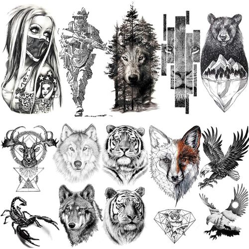 10 Feuilles Grand Réaliste Tigre Tatouage Éphémère Femme Bras Soldat Faux Tatouages Temporaires Adultes Homme Scorpion Loup Cerf Wapiti Aigle Ours Dot Croquis Noir Autocollants Filles Enfants