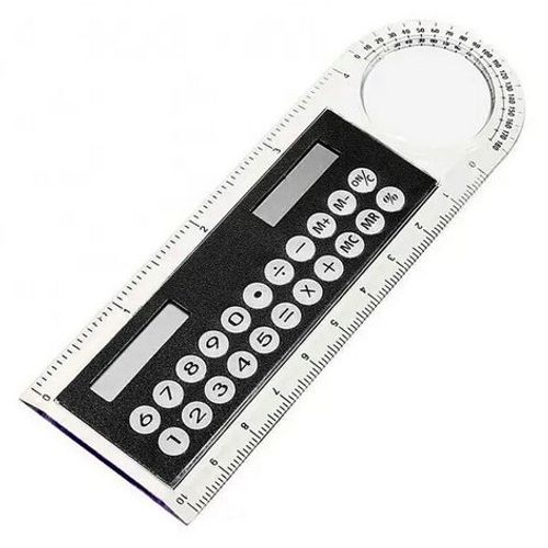 Calculatrice Solaire - Règle 10 Cm / 4 Pouces - Angles - Loupe - Couleur Noire