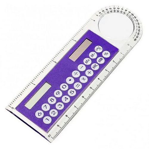 Calculatrice Solaire - Règle 10 Cm / 4 Pouces - Angles - Loupe - Couleur Violette.