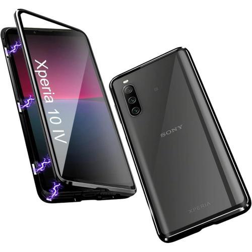 Coque Compatible Avec Sony Xperia 10 Iv, Adsorption Magnétique Étui 360 Protection Housse Devant Retour Verre Trempé Aluminium Cadre Case, Noir