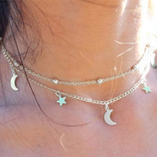 Collier Double Couche Pour Femme Et Adolescente - Pendentif Simple Lune Et Étoile - Pour Filles