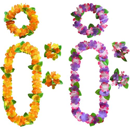 Ensemble De Colliers De Fleurs Hawaïennes Avec Collier, Bandeau Et Bracelet Hawaïens, Collier Hawaien Avec Feuilles Vertes, Fournitures Pour Fêtes D'été Sur La Plage Mariage Luau