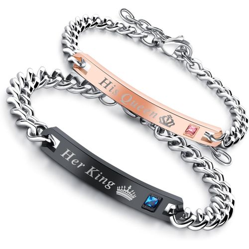 2pcs Bracelet Her King & His Queen Acier Inoxydable Chaîne De Main Couple Amoureux Gourmette Pour Femme Homme Or Rose&noir Cadeaux Noël Saint Valentin Mariage