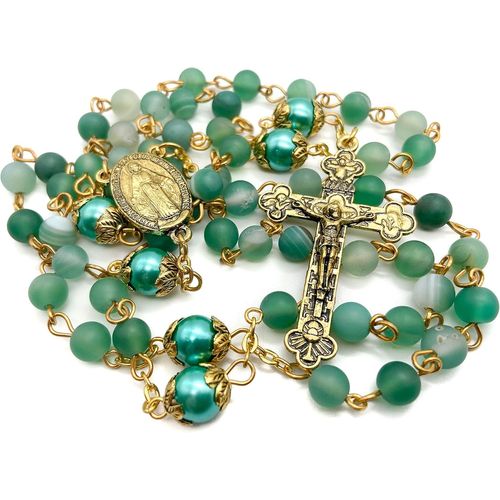 Store Collier Chapelet Catholique Doré En Pierre Mate, Perles Rondes Vertes, Médaille Miraculeuse Et Croix - Sac En Velours