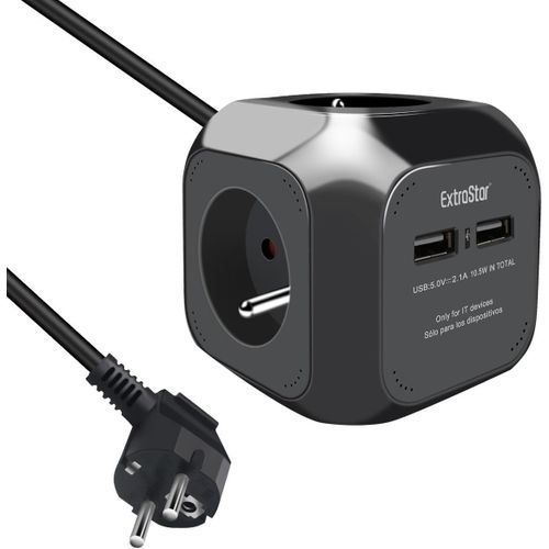 Multiprise USB Cube, Bloc Multiprises avec 4 Prises et 2 Ports USB, Chargeur USB Multiple, Multiprise Electrique pour Bureau, Maison, Peut être installé au Mur, sur la Table, 1,5 m, Noir