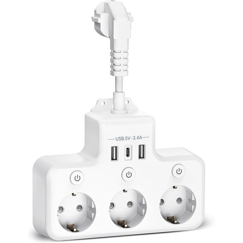 Multiprise avec 3 Interrupteur Individuel, 7 en 1 USB Multiprises avec 3 Sortie AC, et 1 Type C et 2 Ports USB Prise USB Multiple, Bureau, USB Secteur