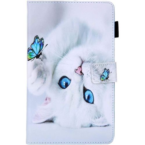 Animaux Coque Cover Pour Tablette Samsung Tab A 8.0 Pouces 2019 T290/T295 Chat Blanc Cute Motif Portefeuille Enfant Étui En Cuir Pu À Rabat Antichoc Housse De Protection Avec Fonction Support