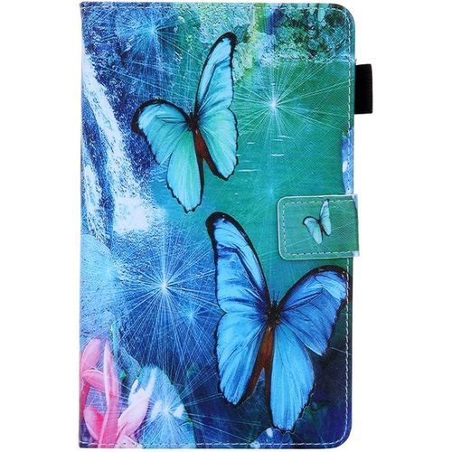 Coque Cuir Pu Compatible Avec Tablette Samsung Tab A 2019 8.0 Pouces T290/T295 Papillons Vert Bleu Motif Lirves Pochette Fille Etui Flip Clapet Silicone Sacoches Antichoc Housse De Protection