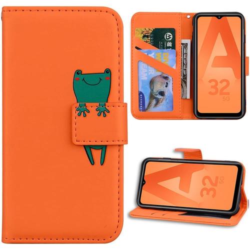 Coque Pour Samsung Galaxy A32 5g, Protection Anti-Rayures Effet Cuir Orange Motif Grenouille - Booling