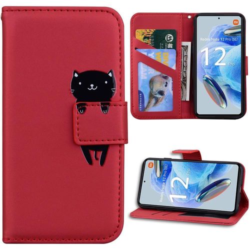 Coque Pour Xiaomi Redmi Note 12 Pro 5g, Protection Effet Cuir Rouge Fermeture Magnétique Motif Animal Mignon - Booling