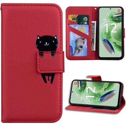 Coque Pour Xiaomi Redmi Note 12 5g, Motif Chat Mignon Portefeuille Effet Cuir Rouge (Pas Pour Redmi 12 5g) - Booling