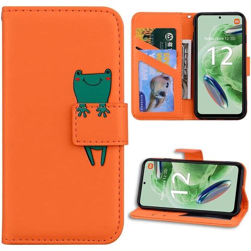 Coque Pour Xiaomi Redmi Note 12 5g, Protection Antichoc Synthécuir Orange Motif Grenouille (Pas Pour Redmi 12 5g) - Booling