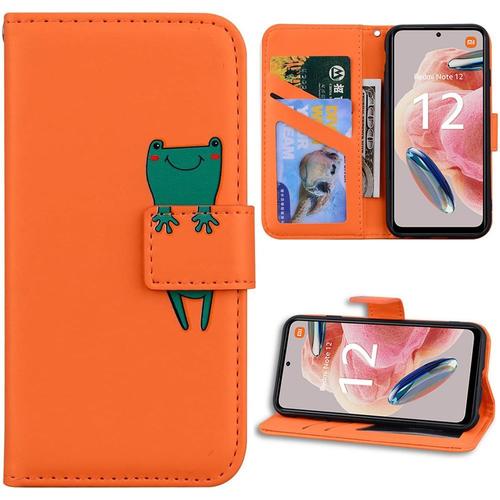 Coque Pour Xiaomi Redmi Note 12 4g, Protection Anti-Rayures Effet Cuir Orange Motif Grenouille - Booling