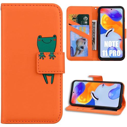 Coque Pour Xiaomi Redmi Note 11 Pro, Effet Cuir Orange Fermeture Magnétique Motif Animal Mignon - Booling