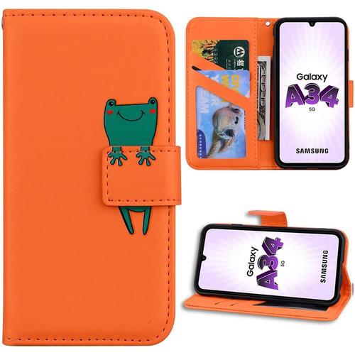 Coque Pour Samsung Galaxy A34 5g, Housse Rabat Cuir Pu Orange Avec Motif Grenouille Mignon Fermeture Magnétique - Booling