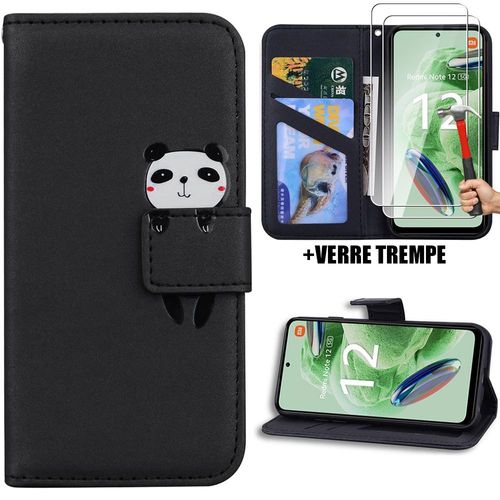 Coque Pour Xiaomi Redmi Note 12 5g, Cuir Synthétique Noir Avec Motif Panda + 2 Verres Trempés (Pas Pour Redmi 12 5g) - Booling
