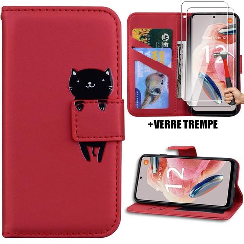 Coque + 2 Verres Trempés Pour Xiaomi Redmi Note 12 4g, Protection Antichoc Cuir Synthétique Rouge - Booling