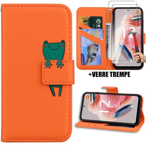 Coque + 2 Verres Trempés Pour Xiaomi Redmi Note 12 4g, Protection Anti-Rayures Effet Cuir Orange Motif Grenouille - Booling